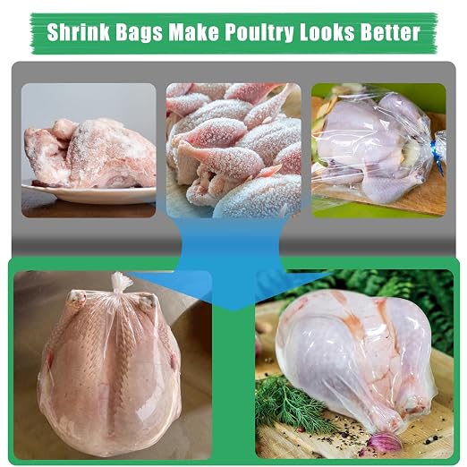 BPA-Free Poultry Shrink Bags 13x18'' 50 Pack | Heat Shrink Wrap for Turkey Chicken Rabbit Freezer Safe with 50 Zip Ties & Silicone Straw by Hoqqf