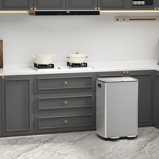 mVm Dual Trash Can, 16 Gal (2x8Gal) Kitchen Trash Can with Soft-Close Lid, Brushed Stainless Steel Recycling Bin for Home Office, Anti-Fingerprint (Silver)