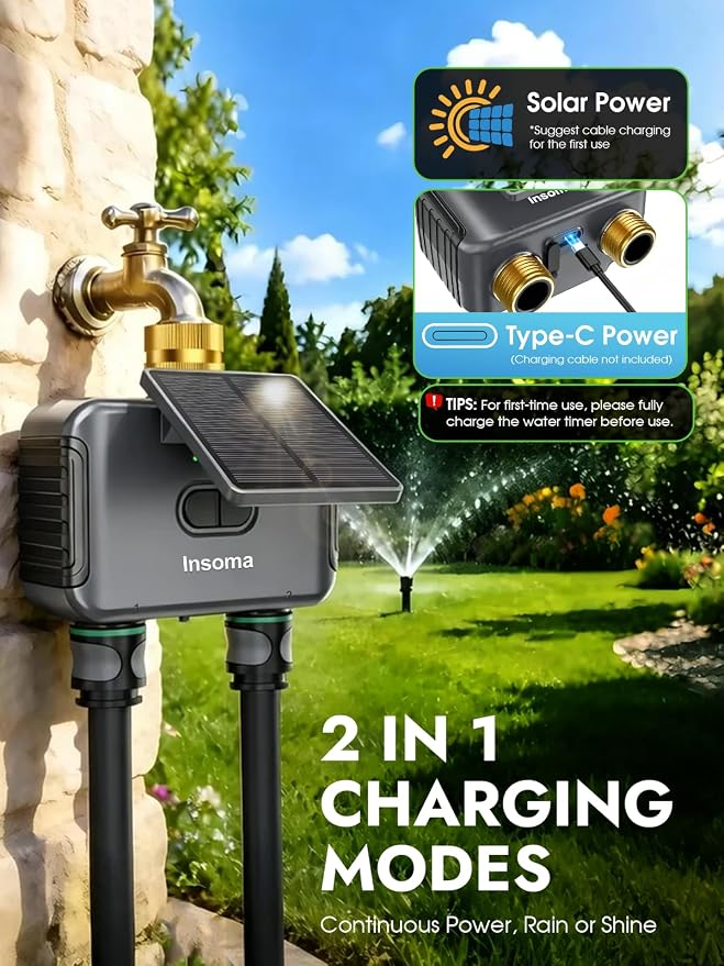 Insoma Solar WiFi Water Timer 2 Zone, Solar&Type-C Rechargeable Smart Sprinkler Timer w/Adjustable 120° Solar Panel, APP&Voice Control Automatic Irrigation for Garden Hose Lawn, No Gateway Required
