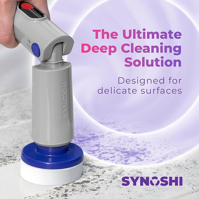 Synoshi PRO Electric Spin Scrubber & Magic Melamine Sponge Heads (3 Units), Bathroom and Shower Scrubber, Kitchen Cleaning, Adjustable Angles, 2 Speed