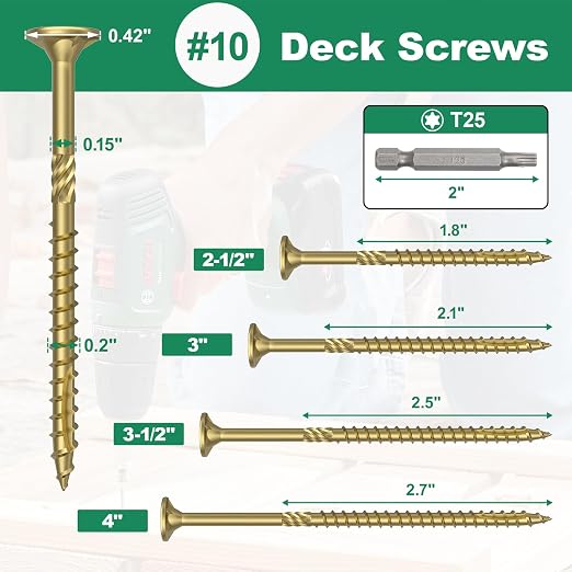 #10 x 3-1/2” Deck Screws, 108Pcs Star Drive Wood Screws | Rust Resistant Timber Screws for Timber/Log/Landscaping Wood, T25 Star Bit Included, Gold