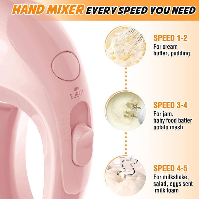 Handmixer Electric Handheld - 5 Speed Portable Kitchen Mixer Electric with 5 Stainless Steel Accessories Whisk, Food Beater for Whipping Mixing Cookies(Pink)