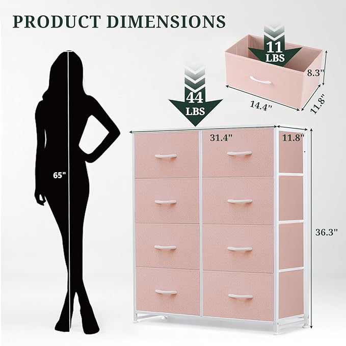 8-Drawer Dresser for Bedroom, Anti-Tip Tall Storage Organizer Chest of Drawers with Wooden Top and Metal Frame Fabric Bins for Closet, Living Room, Hallway, Entryway, Pink