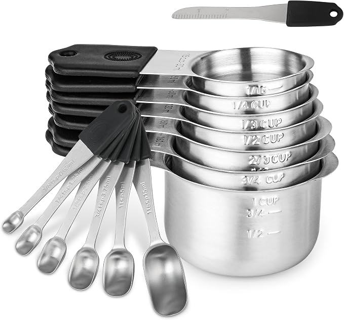 Magnetic Measuring Cups & Spoons Set 14, Heavy Duty Stainless Steel Measuring Cups and Spoons Set for Baking & Cooking, BPA Free, Round Measuring Set with Leveler, Black
