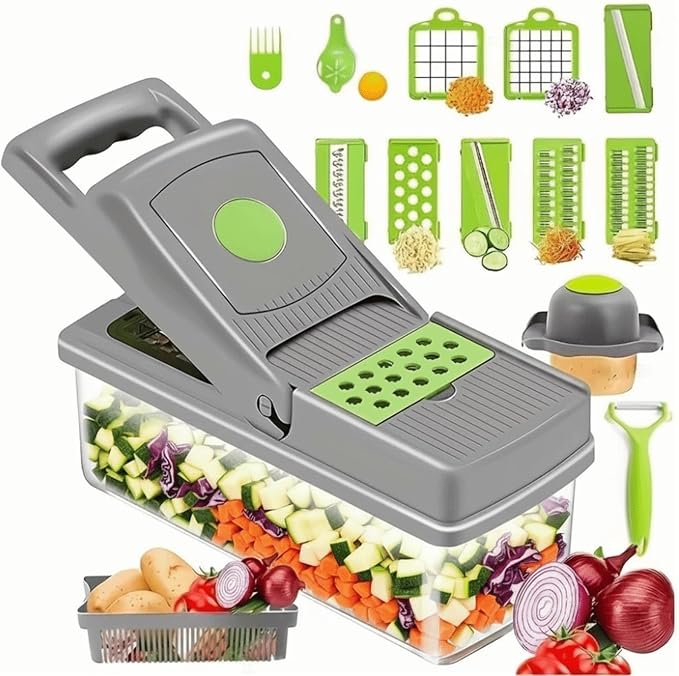 16 in 1 Kitchen Vegetable Cutter with Interchangeable Blades Carrot Grater Potato Peeler Slicer Tool with Storage Container Green