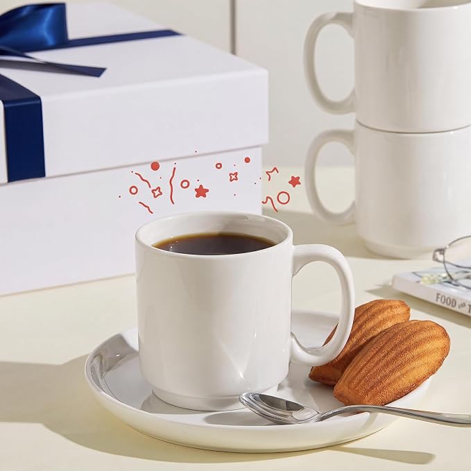 Sweese Stackable Coffee Mugs Set of 6, 16 Oz Large Porcelain Cups for Coffee, Latte, Tea & Hot Drinks, Space-Saving Stackable Design, Microwave & Dishwasher Safe, White