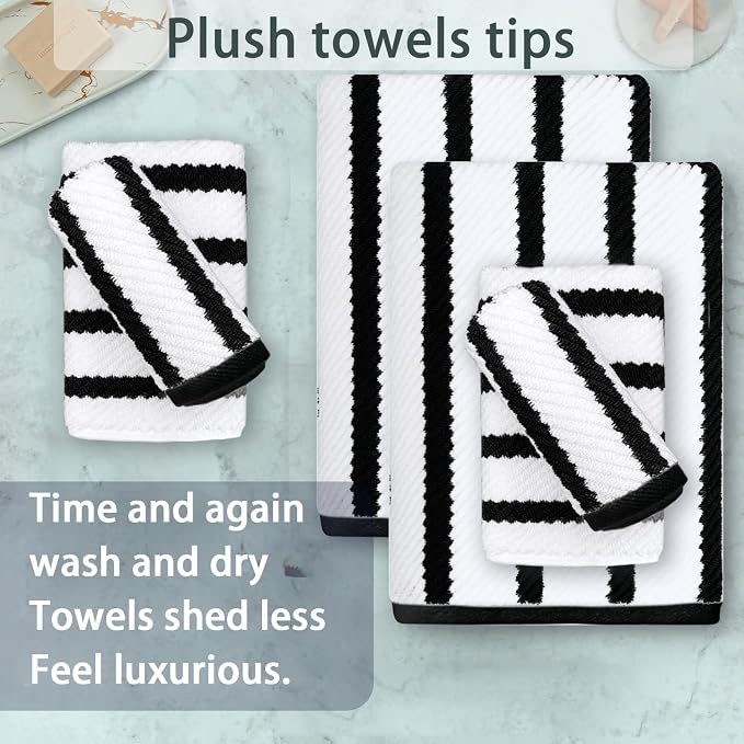VOOVA & MOVAS 6PC Towel Set, 100% Cotton, Black White | 2 Large Bath Towels 30x56 In, 2 Hand Towels 18x28 In, 2 Washcloths 13x13 In, Quick Dry, Thick, Soft, College Dorm Towels