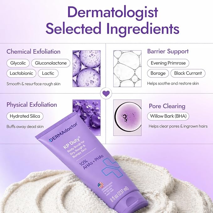 DERMAdoctor KP Bump Eraser Body Scrub with 10% AHAs + PHAs for Keratosis Pilaris, Dry, Rough, and Bumpy Skin, Dermatologist Formulated Exfoliating Body Scrub with Glycolic and Lactic acids - 8 Fl oz