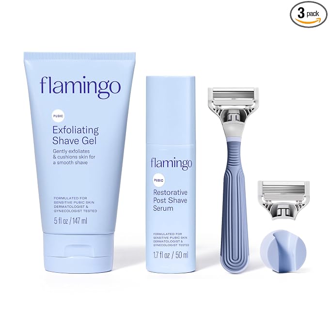 Flamingo Pubic Hair Razor for Women, Shaving Kit, 1 Razor, Exfoliating Shaving Gel 5 fl oz - Restorative Post Shave Serum 1.7 fl oz, Starter Set, Full Kit