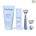Flamingo Pubic Hair Razor for Women, Shaving Kit, 1 Razor, Exfoliating Shaving Gel 5 fl oz - Restorative Post Shave Serum 1.7 fl oz, Starter Set, Full Kit
