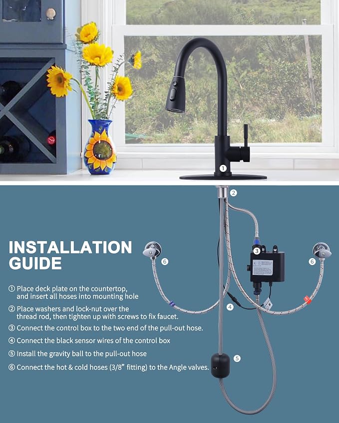 WOWOW Touchless Kitchen Faucet with Sprayer, Smart Motion Sensor Matte Black Kitchen Sink Faucet, Stainless Steel Kitchen Faucet for Sink 1 or 3 Hole Single Handle Kitchen Tap