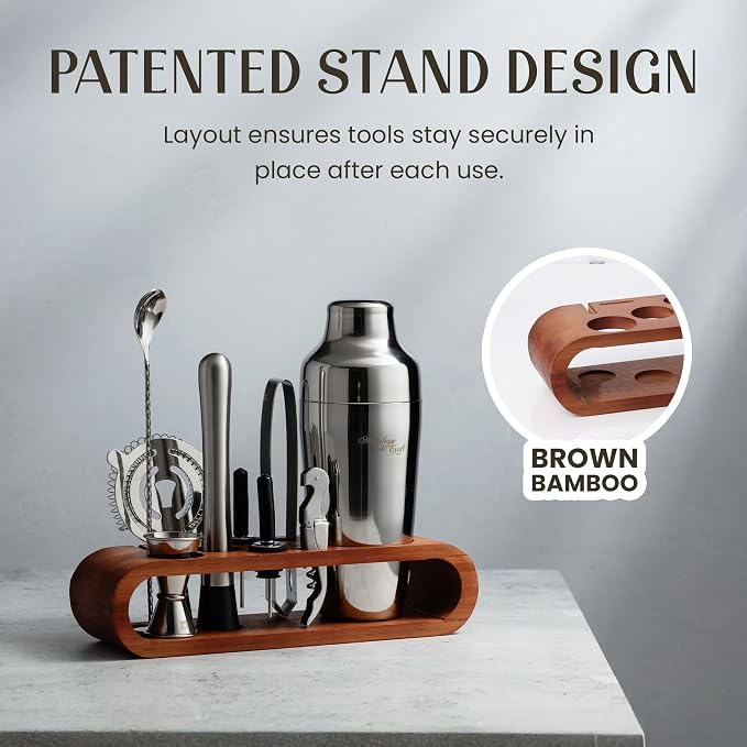 Mixology & Craft Cocktail Shaker Set with Dark Bamboo Stand - Professional 10-Piece Bartender Kit - Complete Bar Set & Cocktail Mixer Kit for Home (Silver)