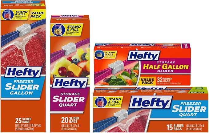 Hefty, 1 Hefty Slider Bags, Quart, 20 CT, 1 Freezer Slider Bags, Quart, 15 CT, 1 Freezer Slider Bags Gallon, 25 CT, 1 Slider Bags Half Gallon, 32 CT (Variety Pack)
