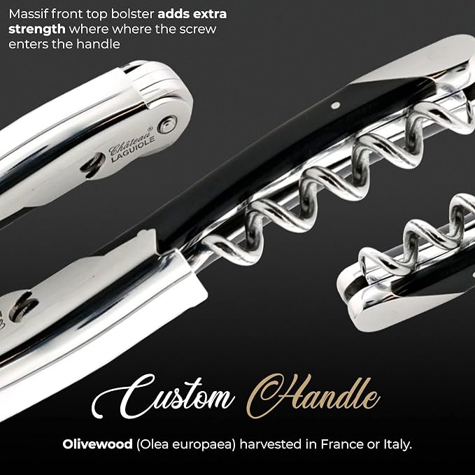 Chateau Laguiole Corkscrew - Luxury French Wine Opener Grand Cru Black Horn Handle with Leather Sheath & Gift Box