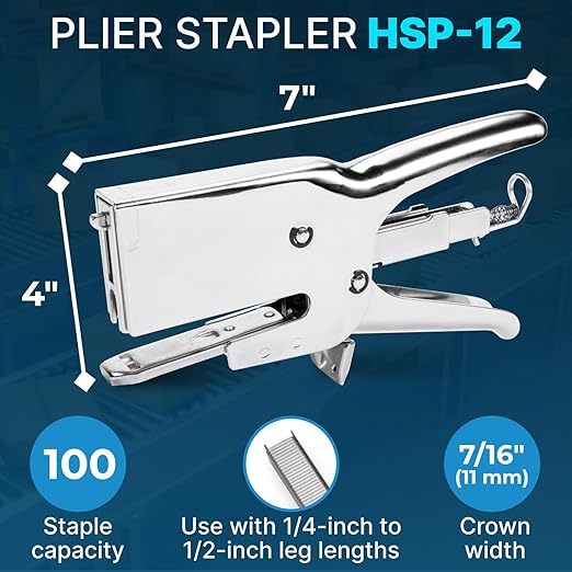 IDL Packaging HSP-12 Heavy-Duty Metal Plier Stapler, Silver - Works with 7/16" (11 mm) Crown Staples - Industrial Cardboard Stapler - Great for Sealing Packaging Boxes, Mail Bags, or Poster Tubes