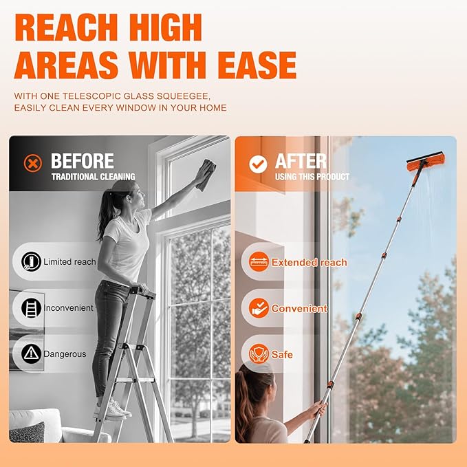 LAANPOLE 30FT Window Squeegee with Extension Pole, 2-in-1 Squeegee for Window Cleaning, Professional Cleaning Kit for Home with 24FT Telescoping Pole for Outdoor Indoor Use
