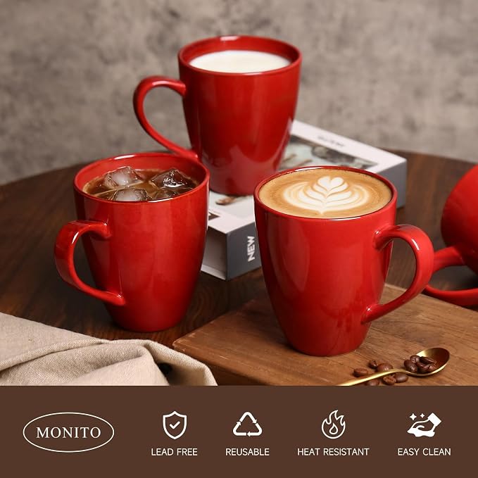 MONITO 17oz Ceramic Coffee Mugs Set of 6, Glossy Red Large Mugs with Handle | Drinking Cups for Latte,Tea&Cocoa,Dishwasher&Microwave Safe,Reactive Glaze Cups,Ideal Gift for Office and Home Use
