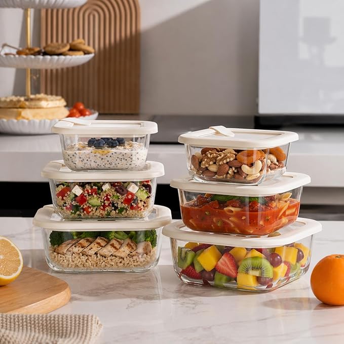 Glass Food Storage Containers with Glass Lids, Microwave Safe Food Container Set, Airtight Meal Prep Containers, LeakProof, 100% Plastic Free, 6 Pack