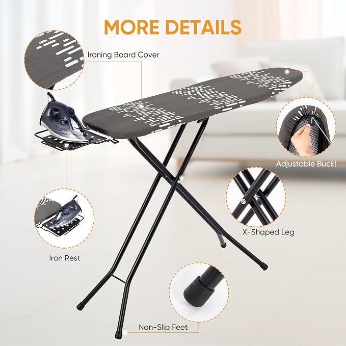Jakeefud Deluxe Ironing Board with Heat Resistant Cover and Thicken Felt Pad, Safety Iron Rest, 4 Premium Steel Legs, Height Adjustable,Foldable