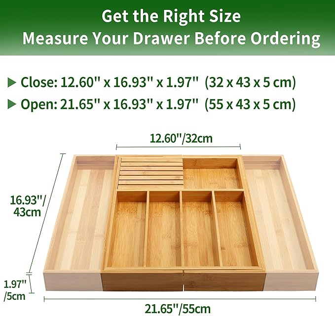 VaeFae Bamboo Silverware Drawer Organizer Kitchen, Expandable Utensil Organizer with Knife Block, Cutlery Tray with Divider, Multifunctional Drawer Organizer