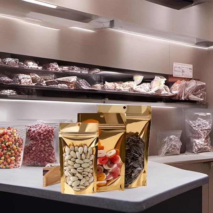 100 Pcs 1 Gallon Mylar Bags for Food Storage 10x14 Mylar Bag with Window Large Holographic Resealable Bags Smell Proof Bag Food Packaging for Small Business Freeze Dried Candy Stand Up Pouches