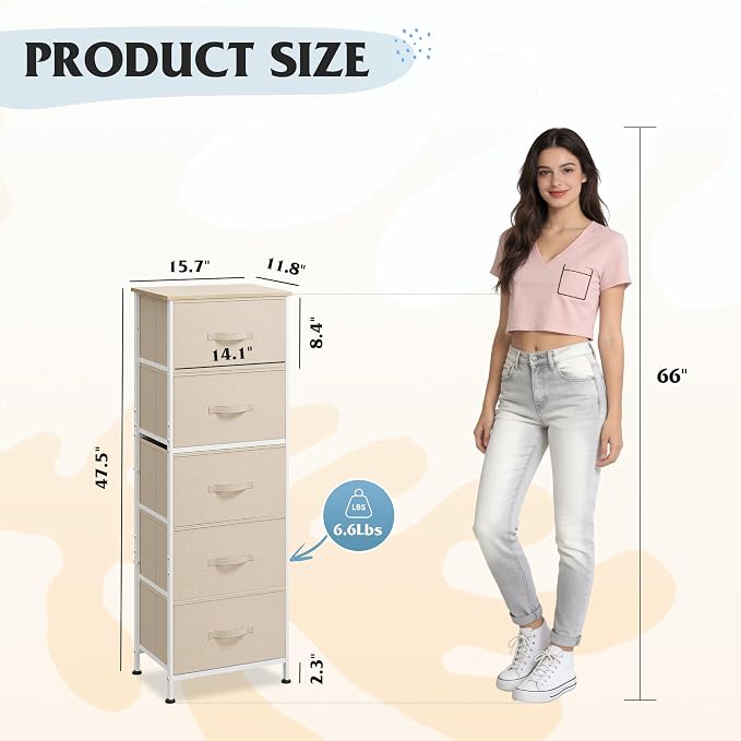 WLIVE Fabric Dresser, 5-Drawer Tall Dressers for Bedroom, Storage Dresser Organizer with Fabric Bins, Wood Top, Sturdy Steel Frame, Chest of Drawers for Closet, Hallway, Cream White