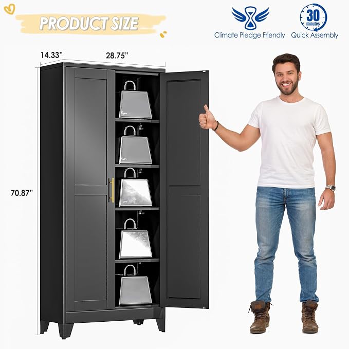 GAIOUS 71" Tall Metal Storage Cabinet with 2 Doors and 4 Adjustable Shelves, Kitchen Pantry Cabinet Black Freestanding Cupboard, 5 Tier Multifunctional Steel Storage for Office, Kitchen, Dining Room