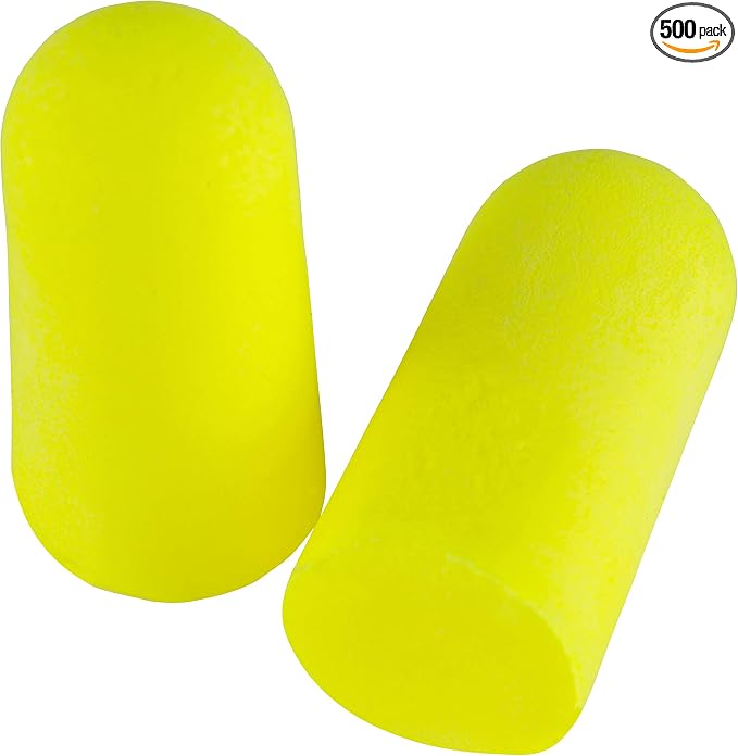 3M Ear Plugs, E-A-Rsoft Yellow Neons 390-1250, 500 Pair of Disposable Earplugs, Dispensing Box, Regular Size, Uncorded, 33 NRR, Tapered Cylinder Shape, Slow Recovery Foam