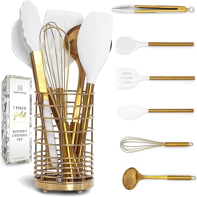 Gold Kitchen Utensils Set – 7-Piece White Silicone Cooking Tools with Gold Utensil Holder – Luxury Kitchen Accessories for Stylish Cooking and Serving, Ideal for Gifting