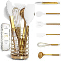 Gold Kitchen Utensils Set – 7-Piece White Silicone Cooking Tools with Gold Utensil Holder – Luxury Kitchen Accessories for Stylish Cooking and Serving, Ideal for Gifting