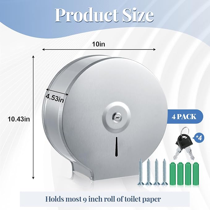 Mifoci 4 Pcs Industrial Toilet Paper Holder Commercial Roll Dispenser Wall Mount Stainless Steel Jumbo Tissue Dispenser Fits 9 Roll Toilet Paper for Office Home Public Places (Silver)