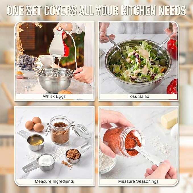 31PCS Mixing Bowls with Lids Set, 5.5QT to 0.6QT Stainless Steel Nesting Bowls with Graters, Large Khaki Bowls & 21 Measuring Cups and Spoons Set Kitchen Appliances for Mixing, Baking, Food Storage
