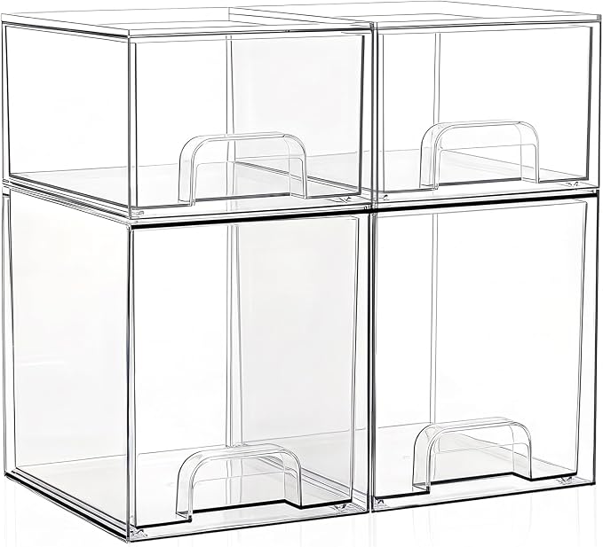 Baby Bottle Storage Organizer: Clear Stackable Storage Drawers, Acrylic Bottles Station Organizer Container for Countertop, Vanity, Bathroom, Cabinet Organization - 4 Pack