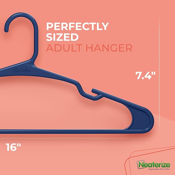 NEATERIZE Clothes Hangers Plastic 100 Pack for Adults - Plastic Hangers, The Perfect Coat Hanger and Space Saving Clothes Hangers for Closet - Navy Blue Hangers