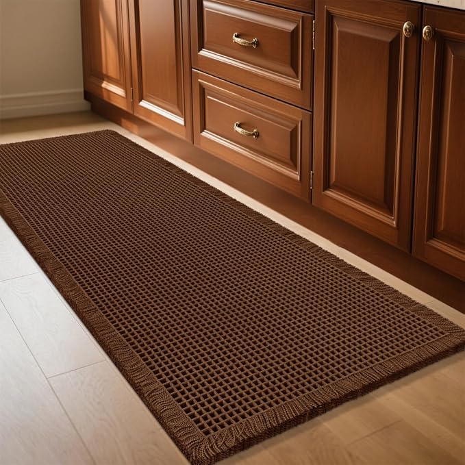 IM HOME Waffle Bath Mat Brown 4'x2', Boho Woven Modern Bath Mat Rugs, Absorbent Non Slip Bathroom Rugs, Soft Washable Bath Rugs with Tassels for Bathroom, Bedroom, Kitchen, Shower, Tub