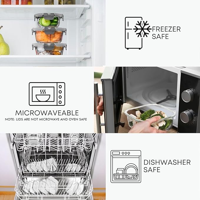 Razab 30 PC Glass Food Storage Containers with Lids - Reusable Glass Meal Prep Containers for Lunch and Leftovers - Airtight & Leakproof Snap Locking Lids - Oven, Freezer, Microwave & Dishwasher Safe