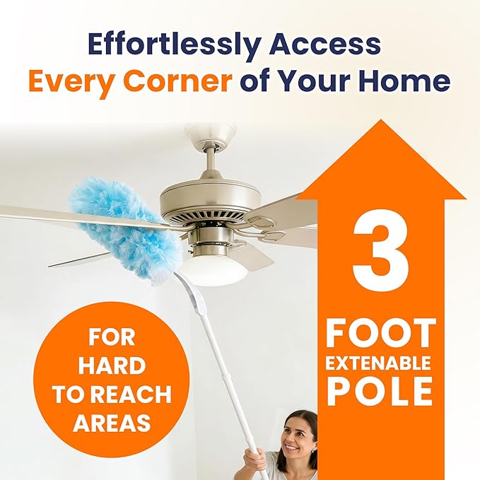 30 Count Duster Refills for Swiffer Duster with Extension Pole, Multisurface 360 Dusters with 3ft and 1 Short Handle, Disposable Dusters for Cleaning Furniture Blinds Fans Wall (Storage Bag Included)