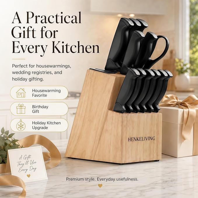 14-Piece Starry Black Knife Block Set with Built-In Sharpener | German high-carbon stainless steel blades, dishwasher safe, ultra-sharp edges, ergonomic non-slip handles