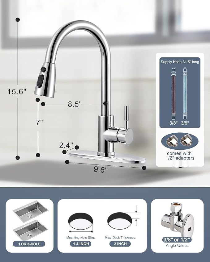 Kitchen Faucet with Air Gap: WOWOW Stainless Steel Kitchen Sink Faucet and Dishwasher Air Gap Kits for Kitchen Sink 2 or 4 Hole, Polished Chrome Kitchen Faucet Combo with Sprayer