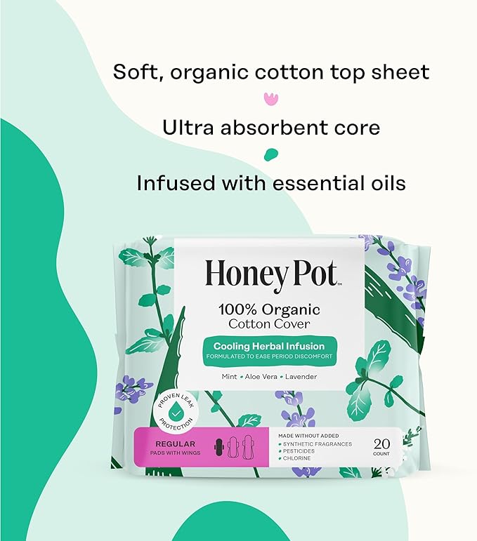 The Honey Pot Company - 80ct - Herbal Sanitary Pads for Women - Regular Flow w/Wings - Infused w/Essential Oils for Cooling Effect & Organic Cotton Cover - Feminine Care