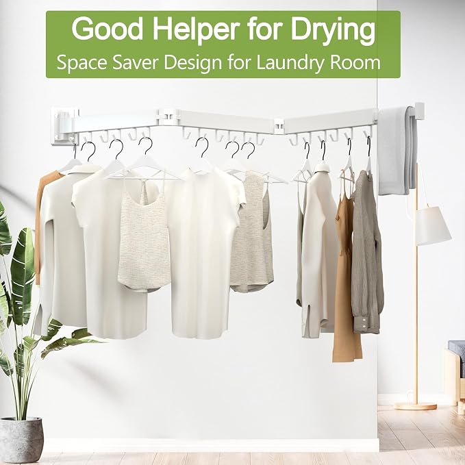 Kelisiting Clothes Drying Rack, Laundry Drying Rack Wall Mounted, [No-Drill & Drilling to Choose] 3-Fold Laundry Drying Racks for Hanging Clothes, Foldable & Sturdy Space Saver for Laundry Room -White