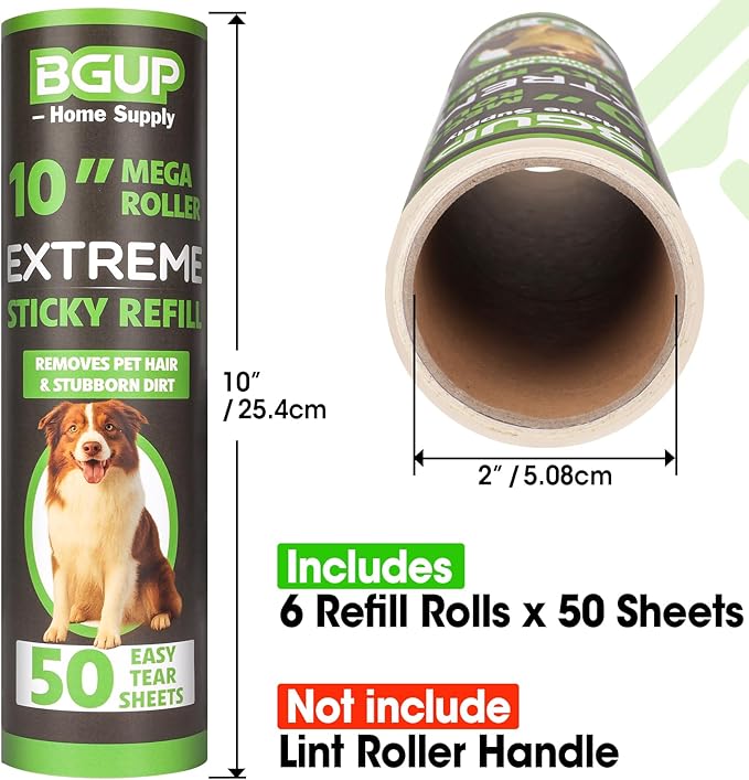 10 Inch Lint Roller Refills, 6 Rolls 300 Sheets Large Lint Rollers for Pet Hair Extra Sticky, Easily Remove Carpets, Clothes, Couch and Curtains Dust (Not Include Lint Roller Handle)