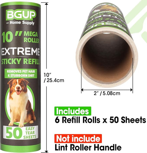 10 Inch Lint Roller Refills, 6 Rolls 300 Sheets Large Lint Rollers for Pet Hair Extra Sticky, Easily Remove Carpets, Clothes, Couch and Curtains Dust (Not Include Lint Roller Handle)