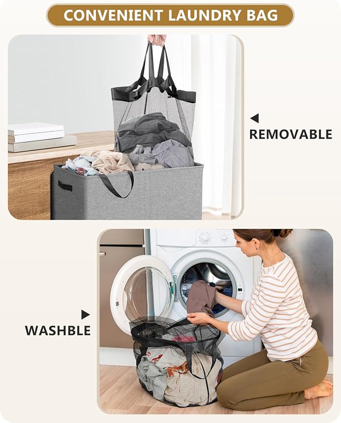 SOLEDI Double Laundry Hamper with Lid, 130L Clothes Hamper 2 Section, Laundry Basket with Removable bag, Bed room decor aesthetic, laundry room organization, Home and dorm room essentials