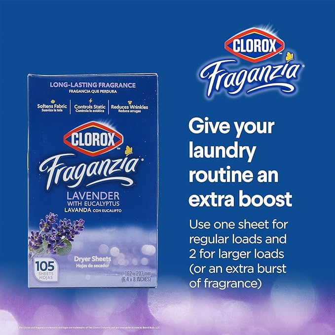 Clorox Fraganzia Fabric Softener Dryer Sheets, Lavender with Eucalyptus Scent, 210 Sheets Total in 105 Ct x 2 Pack, Wrinkle Reducing and Anti-Static Laundry Sheets for Soft Clothes