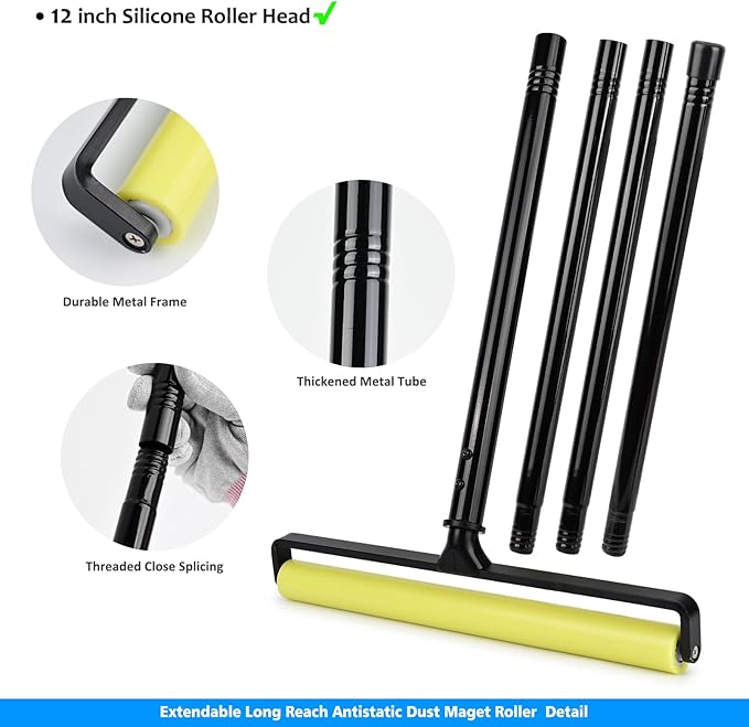 EHDIS Silicone Adhesive Lint Roller 12 Inch Wide Tacky Roller with 16‘’-58‘’ (1.3-4.8ft) Telescopic Extendable Handle, Dust Sticky Roller for Screen Protector Glass Film Electronics Cleaning Tool