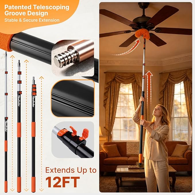 7-in-1 High Ceiling Duster Kit with 4-12ft Extension Pole, Ceiling Fan Duster, Cobweb Duster, Microfiber Duster, Window Cleaner & Squeegee, Wall Mop, 20ft Reach Duster with Extension Pole
