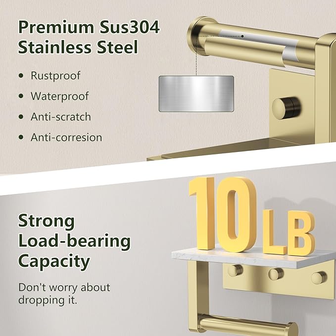 Marble Toilet Paper Holder with Shelf, Evolvegoods Brushed Gold Bathroom Toilet Paper Holder Wall Mount, 304 Stainless Steel Modern Toilet Paper Roll Holder Storage Tissue Holder