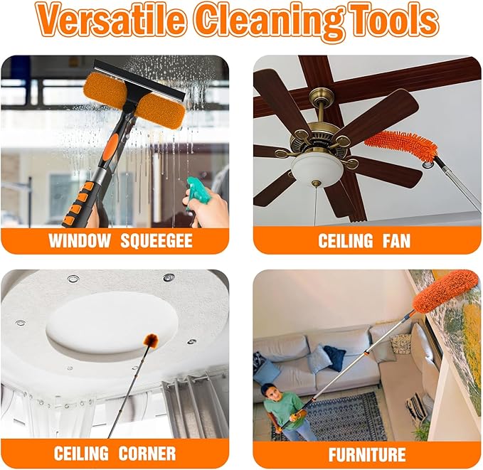 LAANPOLE 20FT High Reach Duster Cleaning Kit with Extension Pole, High Ceiling Fan Cleaner Duster Tool for Fan Blades, Window Washing Kit with Microfiber Feather Duster & Window Squeegee