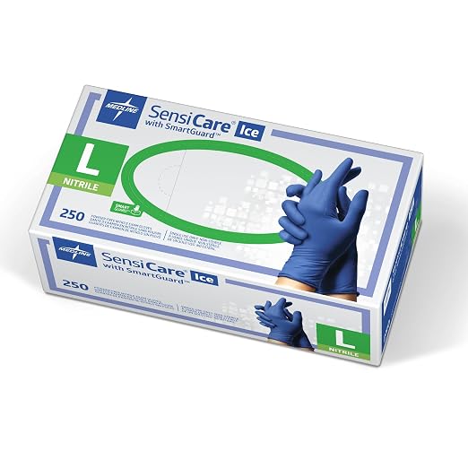 Medline SensiCare Ice Blue Nitrile Exam Gloves, 2500 Count, Large, Powder Free, Disposable, Not Made with Natural Rubber Latex, Multi-use for Every Task
